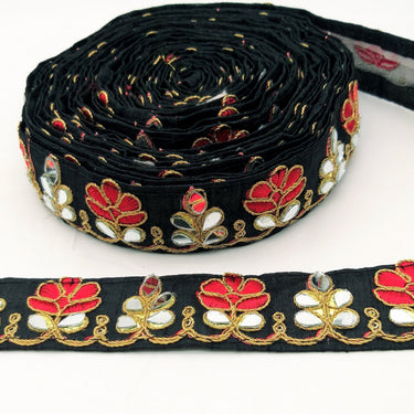 Black Silk Trim With Mirrors Embellishments and Gold Embroidery, Approx. 38mm Wide, Decorative Trim Costume Trim Floral Trim By Yard